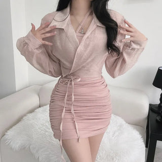 Photoshop Crop Shirt Wrap Ribbon Strap Mini Dress