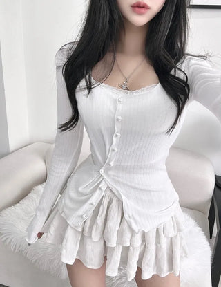 Pearl Asymmetrical Diagonal Cardigan Long Sleeve T-shirt Tee
