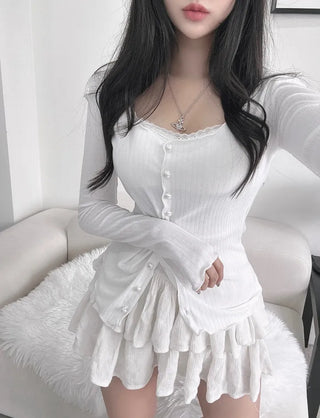 Pearl Asymmetrical Diagonal Cardigan Long Sleeve T-shirt Tee