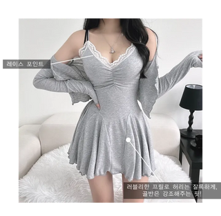 Lace Sleeveless Pleated Dress Cardigan Set Two-Piece Flare