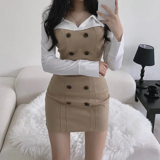 Shirt Layered Trench Dress Double-Button Party Look Stretch