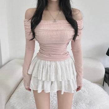 Mesh See-through Shirred Off-Shoulder Long Sleeve Tee