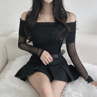 Mesh See-through Shirred Off-Shoulder Long Sleeve Tee