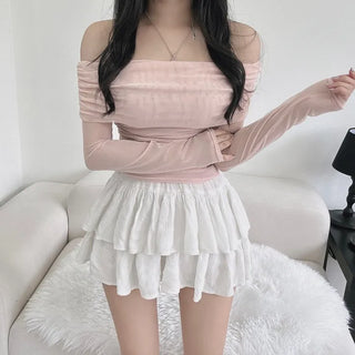 Mesh See-through Shirred Off-Shoulder Long Sleeve Tee