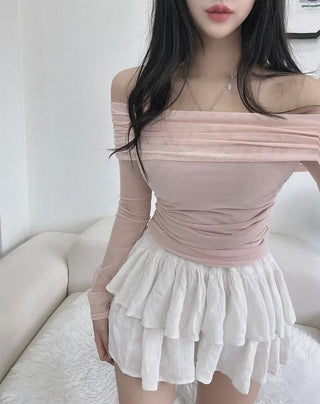 Mesh See-through Shirred Off-Shoulder Long Sleeve Tee