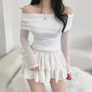Mesh See-through Shirred Off-Shoulder Long Sleeve Tee