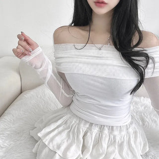 Mesh See-through Shirred Off-Shoulder Long Sleeve Tee