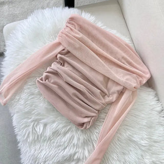 Mesh See-through Shirred Off-Shoulder Long Sleeve Tee