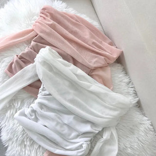 Mesh See-through Shirred Off-Shoulder Long Sleeve Tee