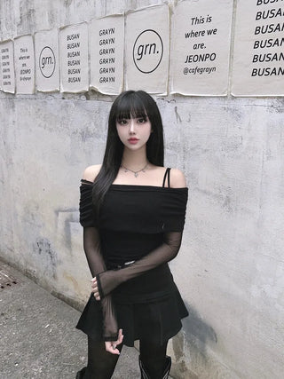 Mesh See-through Shirred Off-Shoulder Long Sleeve Tee