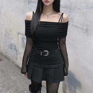Mesh See-through Shirred Off-Shoulder Long Sleeve Tee