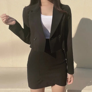 Romance Double-Button Crop Jacket and Tulip Mini Skirt