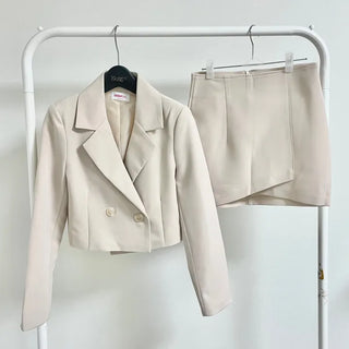 Romance Double-Button Crop Jacket and Tulip Mini Skirt