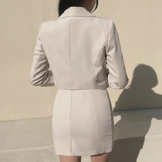 Romance Double-Button Crop Jacket and Tulip Mini Skirt