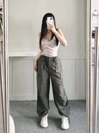 Crinkle String Cargo Pants Pocket Wide Jogger Straight