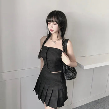 Striped Mannish Tube Top Tank Button Suit Office