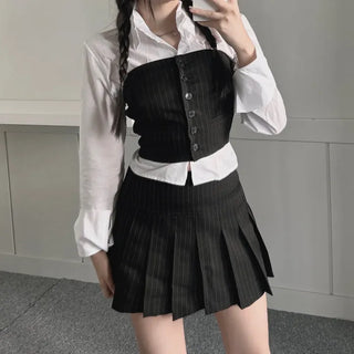 Striped Mannish Tube Top Tank Button Suit Office