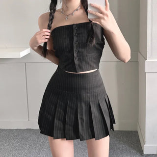 Striped Low-rise Pleated Skirt Mini Preppy Look High