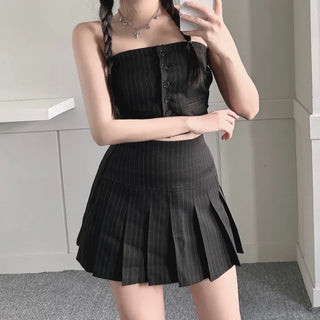 Striped Low-rise Pleated Skirt Mini Preppy Look High