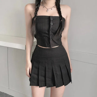 Striped Low-rise Pleated Skirt Mini Preppy Look High