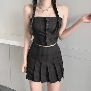 Striped Low-rise Pleated Skirt Mini Preppy Look High