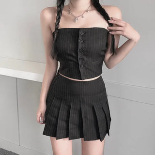 Striped Low-rise Pleated Skirt Mini Preppy Look High