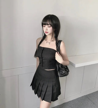 Striped Low-rise Pleated Skirt Mini Preppy Look High
