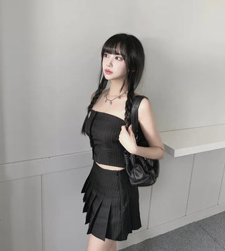 Striped Low-rise Pleated Skirt Mini Preppy Look High