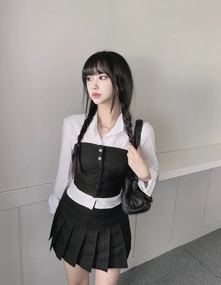 Striped Low-rise Pleated Skirt Mini Preppy Look High