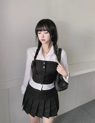 Striped Low-rise Pleated Skirt Mini Preppy Look High
