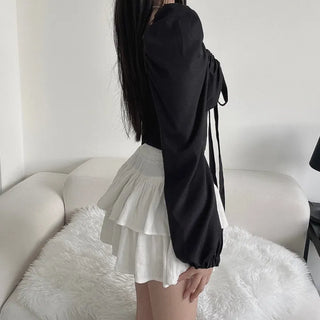 Off-shoulder Puff Ribbon Crop Blouse Smock Back Elastic
