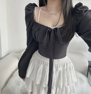 Off-shoulder Puff Ribbon Crop Blouse Smock Back Elastic