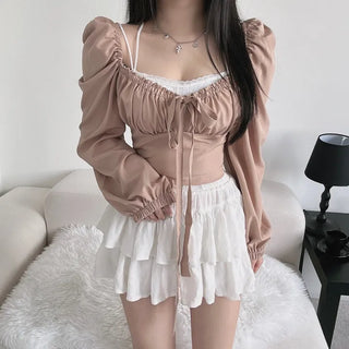 Off-shoulder Puff Ribbon Crop Blouse Smock Back Elastic