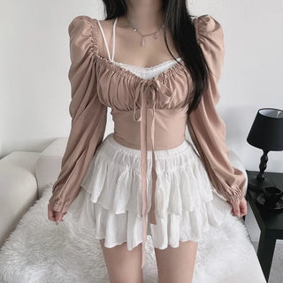Off-shoulder Puff Ribbon Crop Blouse Smock Back Elastic