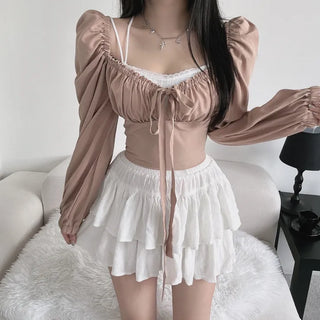 Off-shoulder Puff Ribbon Crop Blouse Smock Back Elastic