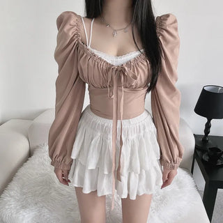 Off-shoulder Puff Ribbon Crop Blouse Smock Back Elastic