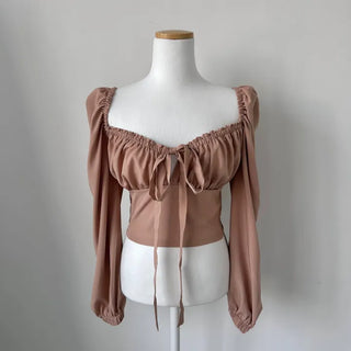 Off-shoulder Puff Ribbon Crop Blouse Smock Back Elastic