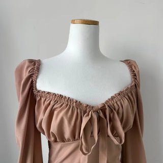 Off-shoulder Puff Ribbon Crop Blouse Smock Back Elastic