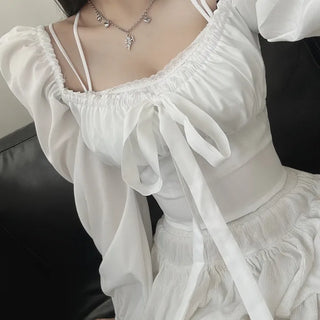 Off-shoulder Puff Ribbon Crop Blouse Smock Back Elastic