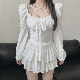 Off-shoulder Puff Ribbon Crop Blouse Smock Back Elastic