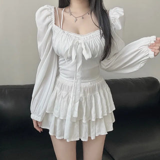 Off-shoulder Puff Ribbon Crop Blouse Smock Back Elastic