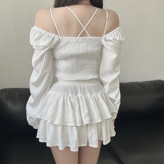 Off-shoulder Puff Ribbon Crop Blouse Smock Back Elastic