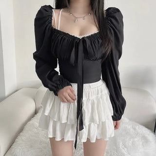 Off-shoulder Puff Ribbon Crop Blouse Smock Back Elastic