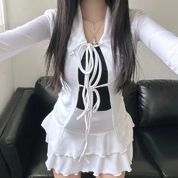 Strap Ribbon Collar Cardigan Tiered Pleated Skirt Two-Piece
