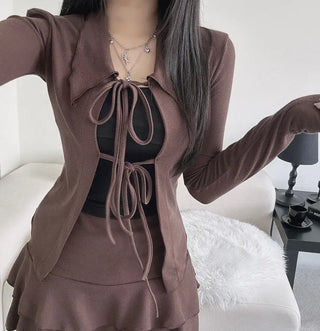 Strap Ribbon Collar Cardigan Tiered Pleated Skirt Two-Piece