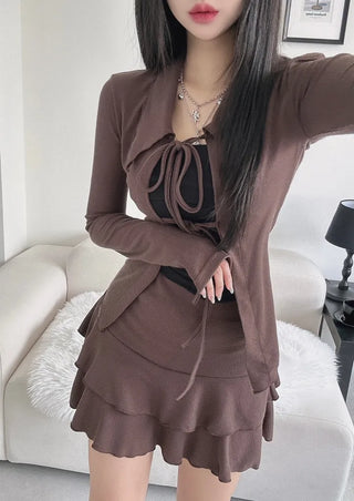 Strap Ribbon Collar Cardigan Tiered Pleated Skirt Two-Piece
