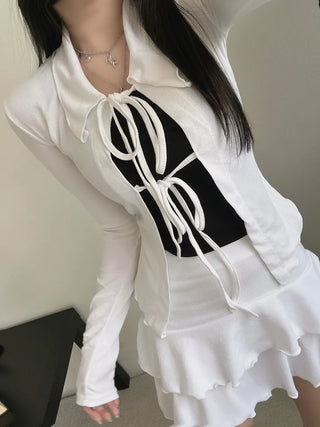 Strap Ribbon Collar Cardigan Tiered Pleated Skirt Two-Piece