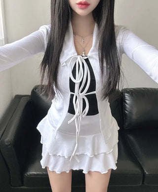 Strap Ribbon Collar Cardigan Tiered Pleated Skirt Two-Piece