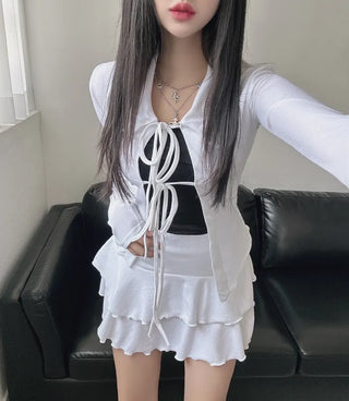 Strap Ribbon Collar Cardigan Tiered Pleated Skirt Two-Piece