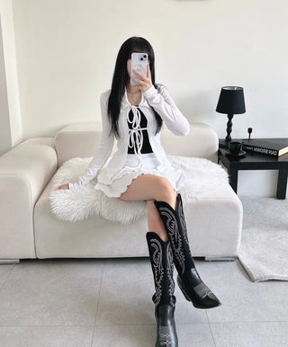 Strap Ribbon Collar Cardigan Tiered Pleated Skirt Two-Piece